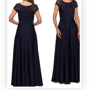 La Femme 28100  Gown Dress Navy Pleats Laced Cap Sleeves Long 8 NWT $378